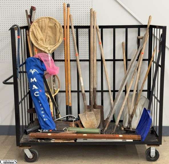 Assorted Long Handled Yard Tools, Levels, Grease Gun, Misc - CART NOT INCLUDED image