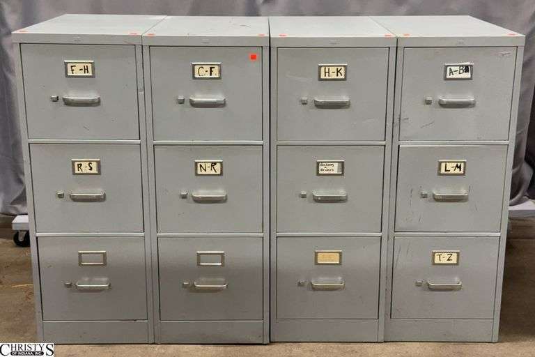 4 Three Drawer Metal File Cabinets - 15" x 26.5" x 40" of each