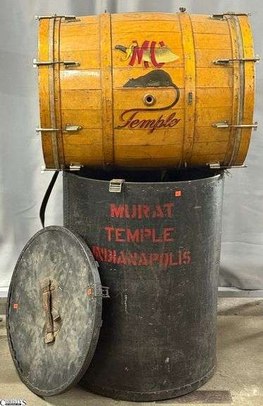 1900's Leedy Mfg Co. Indianapolis Murat Temple Ceremonial Drum w/ Case - 24" 31" of drum - 26" x 34" of case - wear is consistent with age and storage