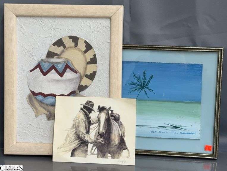 Native American Oil on Canvas Painting, Bahamas Palm Tree Painting on Board, and Cowboy Print - 14" x 18" of frame of largest image