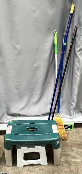 2 Plastic Stools, Brooms, Swiffer and Bona Floor Cleaner - 16" of tallest image