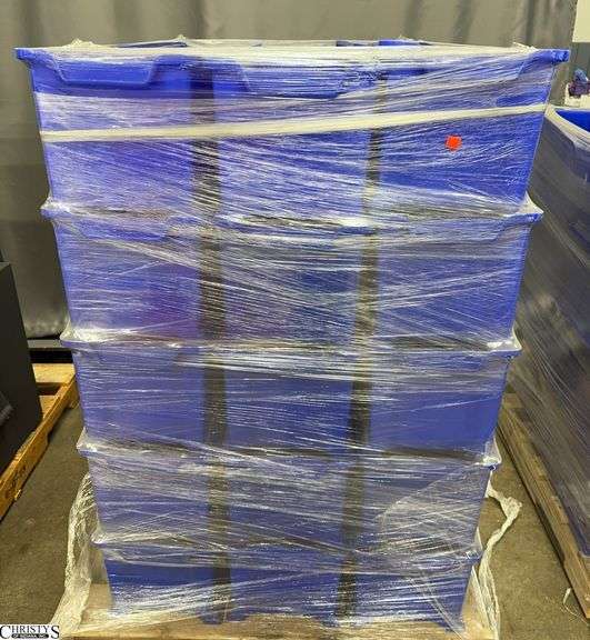 Wooden Pallet of Blue Reach In Organizers Each One Measures 11x23x10" Tall Pallet included image