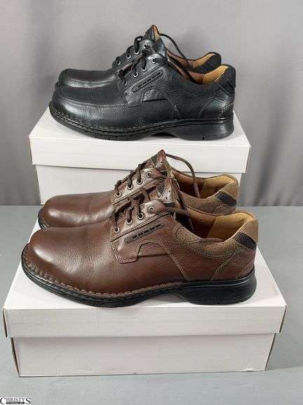 2 Pairs of Men's Clark's Unstructured Shoes in Original Boxes.  Size 12 M.  Black Pair and Brown Pair image