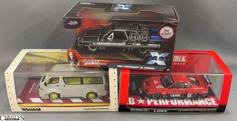 Diecast Model Cars: Fast & Furious 1967 Chevy El Camino, Tarmac Works Toyota Hiace Widebody, Liberty Walk Skyline image