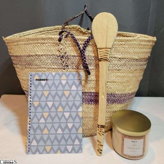Kenyan Hand Woven Basket (Pink/Green), Kenyan Wooden Hand Carved Spoon, Candle, & Notebook image