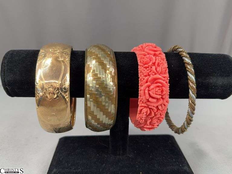 3 Bangle Bracelets and 2 Cuff Bracelet.  One MH & Co. Floral Etched Hinged Bangle Bracelet, One Mixed Metals Basket Weave Bangle Bracelet, 1 Art Deco Carved Lucite Rose Flower Bangle Bracelet, and a Twist Mixed Metals Cuff Bracelet image