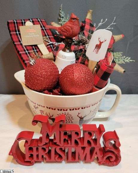 Ceramic Mixing Bowl, Merry Christmas Block, 2 Ornaments, Spatula, Set of 2 Hand Towels, Tree Topper, Seasonal Fabric Yard, Cardinal Bell image