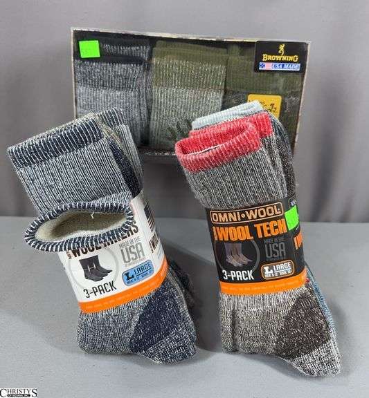 9 Pairs of New Wool Socks- a Box of 3 Browning Size Large 10-13, Omni Wool Merino Wool Tech 3-Pack Size Large Men: 9-12 and Omni Wool Merino Wool Hikers 3-Pack Size L Men: 9-12 image