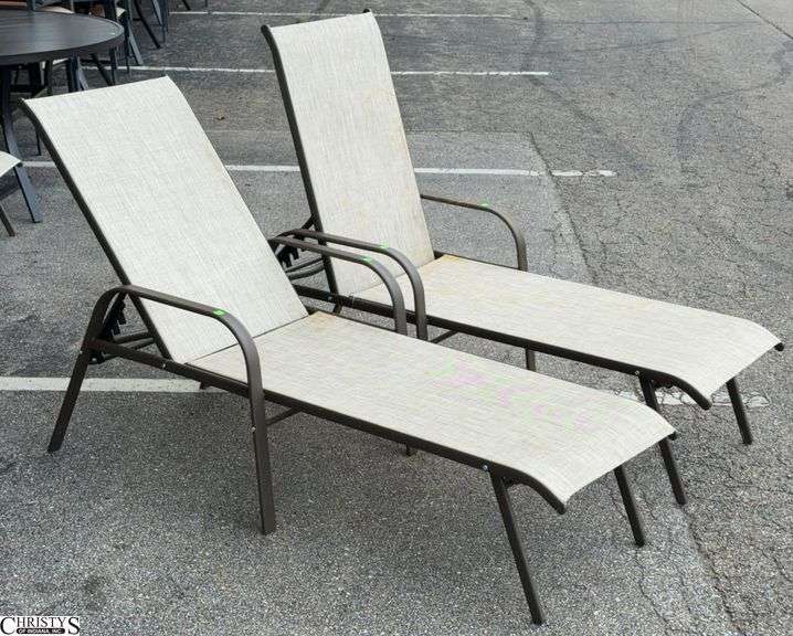 2 Adjustable Patio Outdoor Loungers - 24" W x 66" L x 40" as sits, some scuffing/wear from use image