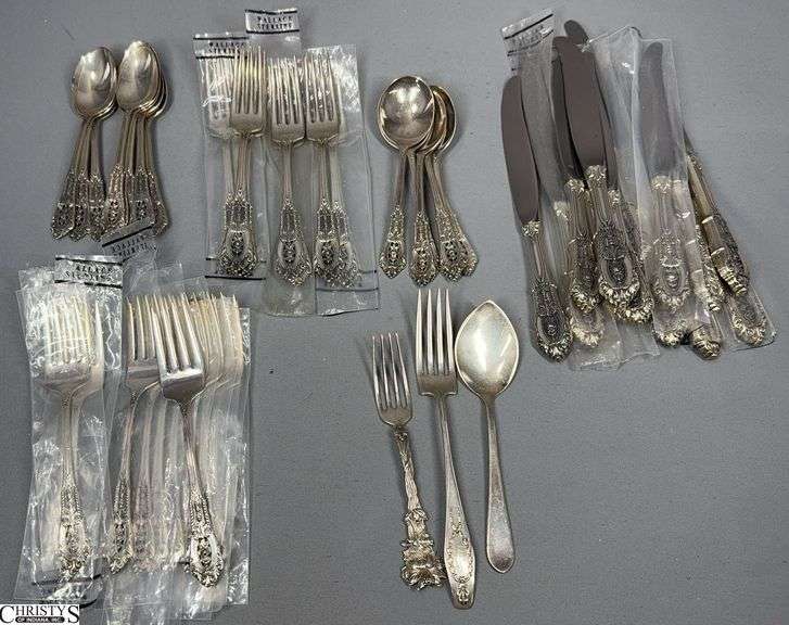 49 Wallace Sterling Silver Flatware Pieces- 13 Knives, 6 Soup Spoons, 9 Teaspoons, 12 Salad Forks and 9 Dinner Forks.  Also included are 2 Sterling Forks and 1 Stieff Sterling Spoon image