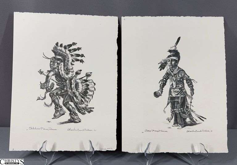 "Osage Straight Dancer" and "Oklahoma Fancy Dancer" Signed Charles Banks Wilson Lithographs - Unframed - 10" x 13" of paper image