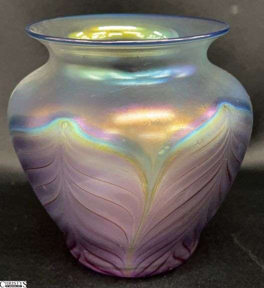 Signed Zellique Pulled Feather Art Glass Vase - 5" T image