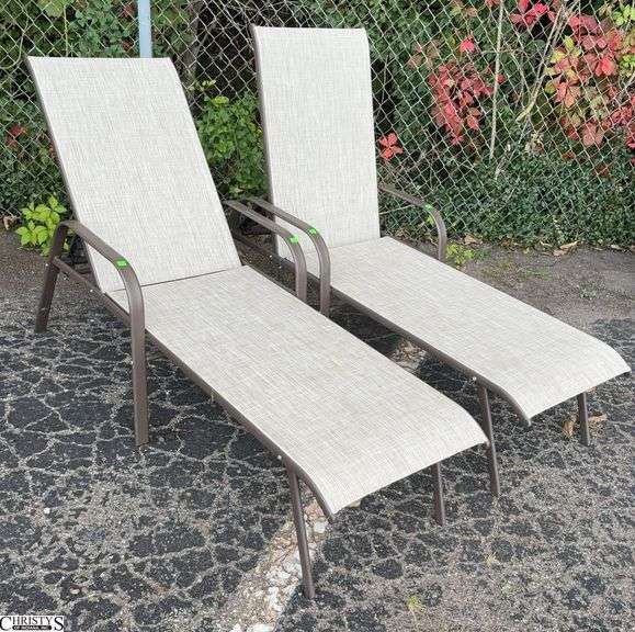 2 Adjustable Patio Outdoor Loungers - 24" W x 66" L x 40" as sits, some scuffing/wear from use image