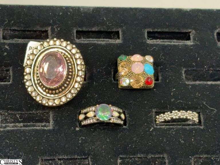 4 Rings- 1 Pink Quartz Ring (German Silver on the Tag), 1 Ring Marked 10K (but does not appear to be 10K) with a Mystic Topaz Center Stone and Opal and Crystal Accents, and 1 Unmarked Floral Band Ring and an Unmarked Multi-Colored Stone Ring image