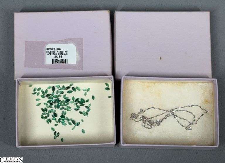 14K White Gold Chain and a Small Box of African Emerald Gemstones image