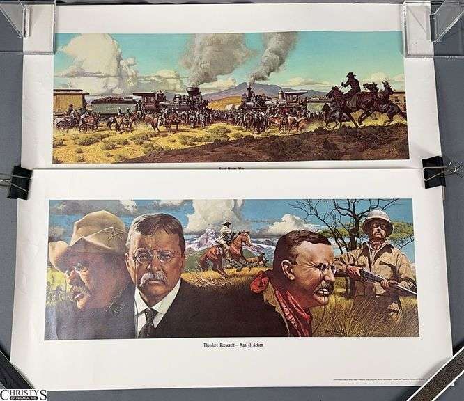 2 Winchester Western "East Meets West" and "Theodore Roosevelt Man of Action" Prints - Unframed - 28" x 14" of paper.   These prints have been rolled up. image