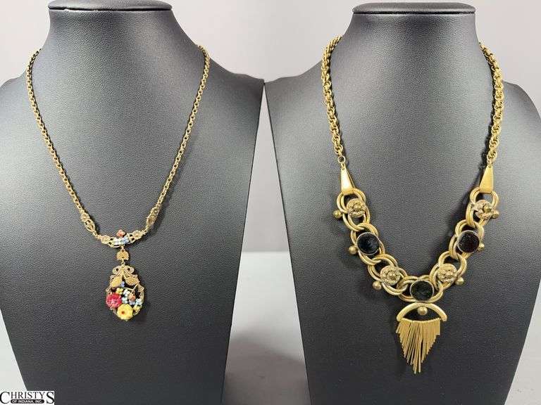 2 Necklaces- One Gold Tone Necklace with Floral Enamel Flowers Pendant and a Gold Tone Tassel Type Necklace with Black Onyx Looking Stones image