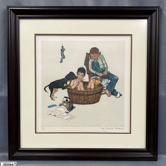 "Lickin Good Bath" Norman Rockwell Lithograph - 172 of 200- 30.5" x 31" of frame