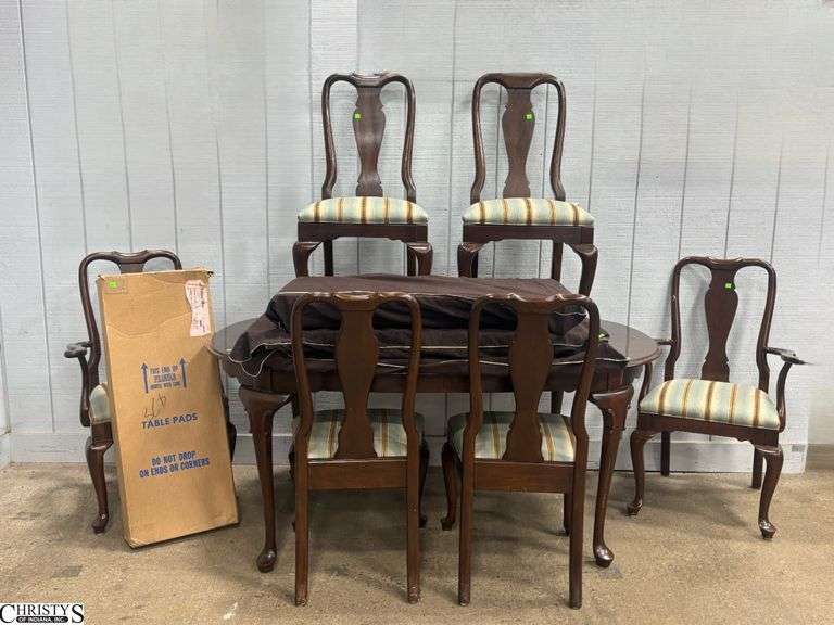 Ethan Allen Dining Table and 6 Chairs, 3 Leaves, 66" x 30" of table - 18" of leaf image