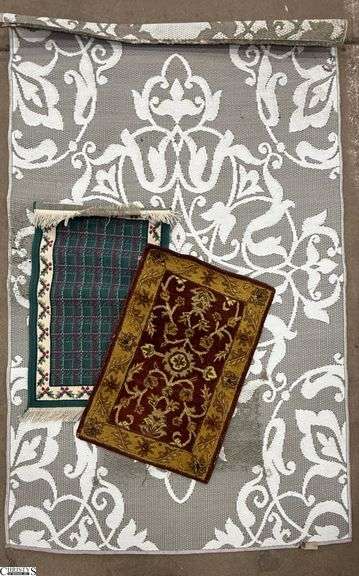 Outdoor Area Rug and 2 Small Throw Rugs - Approx 5" x 8" of area rug - shows heavy wear/staining image