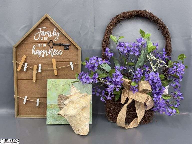 Wall Decor Sign, Artificial Floral, Shell and Shell Plaque - 20" of largest