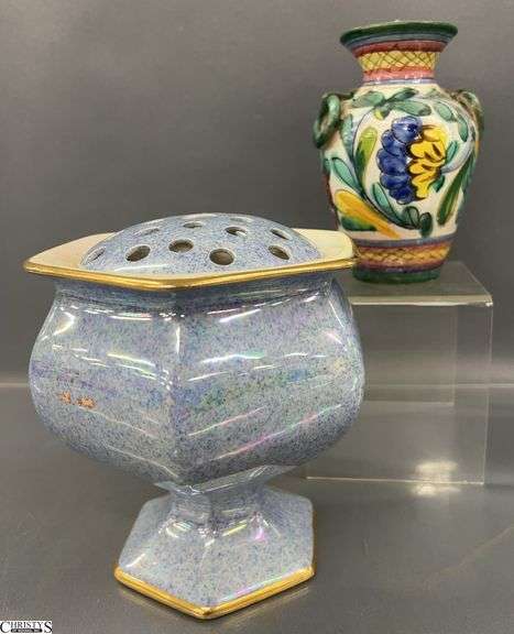 Crown Ware Flower Frog Vase and Small Italian Pottery Vase - 6" of tallest image