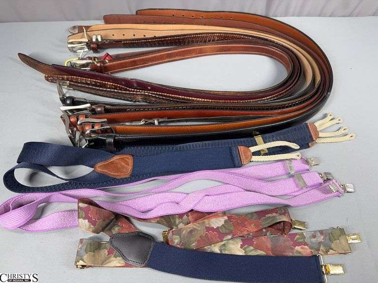 11 Belts- 3 Marked Genuine Leather, 2 Marked Full Grain Cowhide, 1 American Made AmishMadeBelts.com and 3 Pairs of Suspenders image