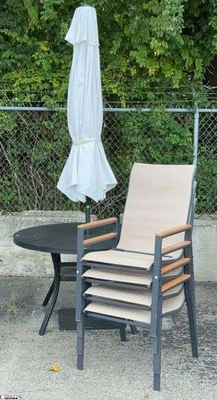 7pc Outdoor Patio Set - Includes 48" Round Aluminum Table, Patio Umbrella, 4 Chairs, Umbrella Stand - 48" x 28" of table - some scuffing/wear from use image