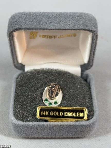 Pin / Tie Pin "Scott's" with 3 Green Gemstones.  Back mark 10K GF in a Herff Jones Gray Velvet Box image