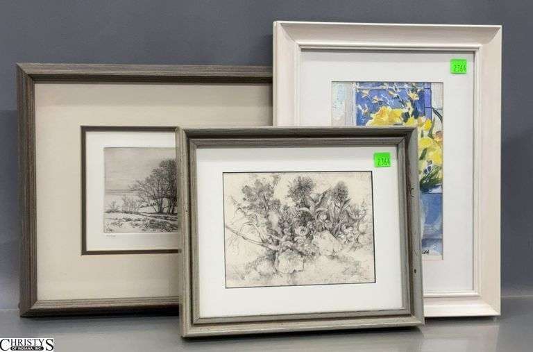3 Signed Floral and Landscape Lithograph and Watercolor - 16.5" x 11.5" of largest image