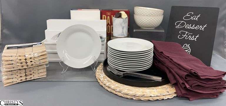 Pottery Barn Dessert Plates, Placemats, Clothepins, Storage Caddy, Misc - 15" D image