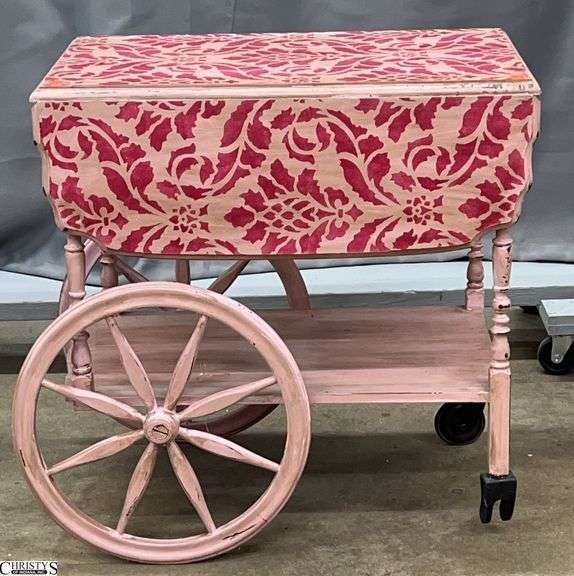 Stenciled Wooden Drop Leaf Tea Cart - 26" x 17" x 26" - missing one caster image