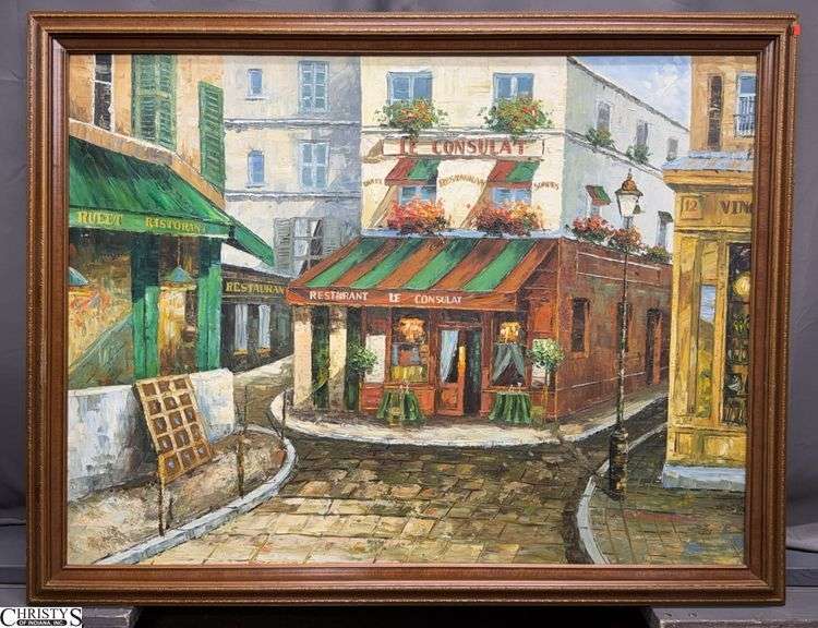 Artist Signed Oil on Canvas of a Parisian Street Scene With Focal Point on Restaurant "Le Consulat" Frame 53.5x41" Tall image