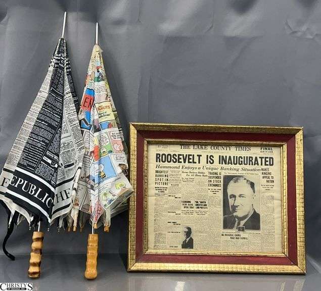 1933 Roosevelt News Paper Framed Print and 2 Newspaper Comic Print Umbrellas image