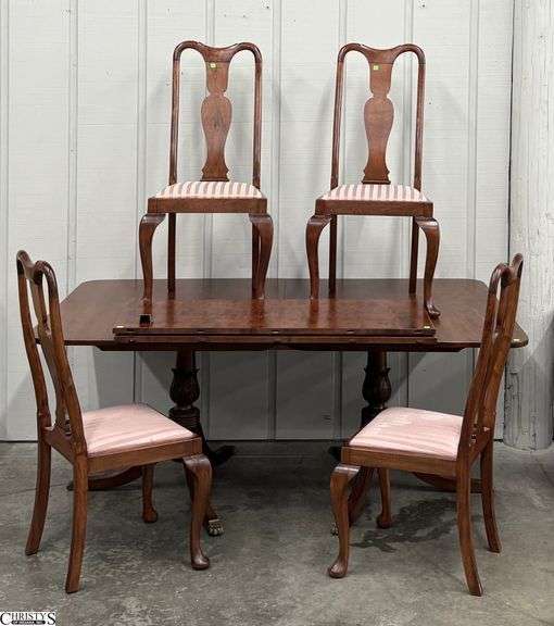 Double Pedestal Dining Table and 4 Chairs w/ 2 Leaves  - 45" x 72" x 30", 17" leaf - some scuffing image