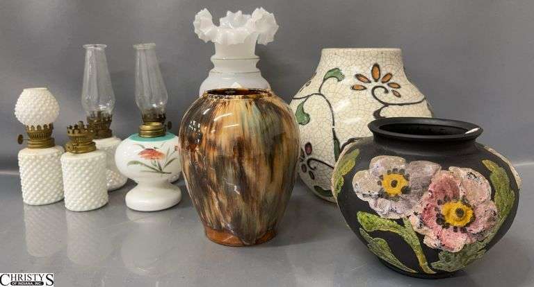 Hand Painted Ruffled Edge Vase, Small Hobnail Oil Lamps, Vases - 10" of tallest image