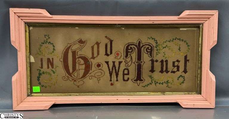 "In God We Trust" Framed Antique Paper Punch Embroidery - some missing paper/uneven edges - 24" x 11" image