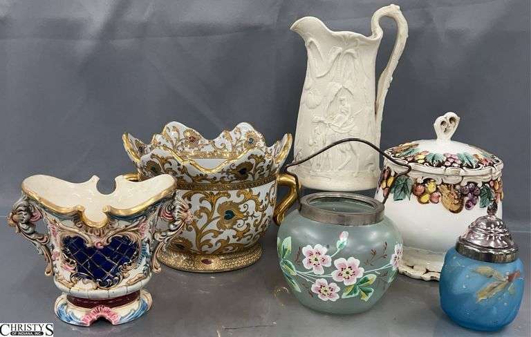 Hand Painted Glass, Ironstone Pitcher, Decorative Pots - 10" of tallest image