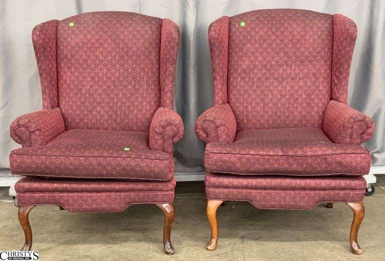 Pair King Hickory Wingback Chairs - 33" x 29" x 44" - 19" seat of each - some wear to upholstery and legs image