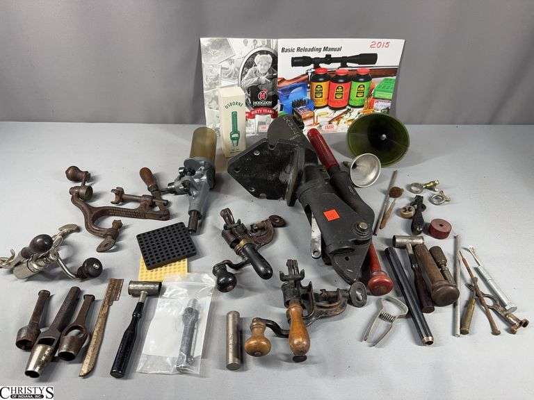 Vintage Reloading Equipment, 2 Basic Reloading Manuals, a Eagle Prod. Cobra 300 Manual Reloading Press, a Shotgun Shell Crimping Tool image