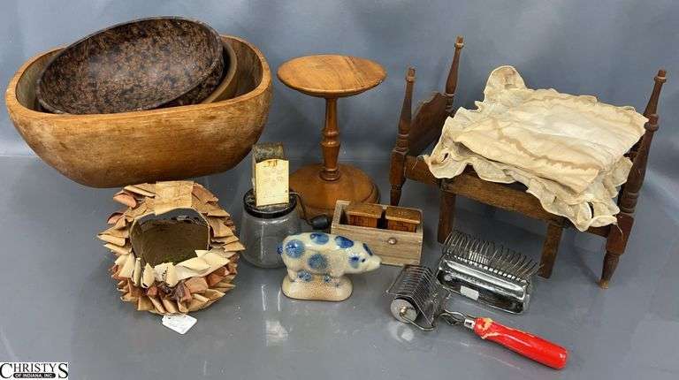 Primitive Decor - Salt Glaze Pig, Wooden Bowls, Wooden Doll Furniture - 12" of largest piece image