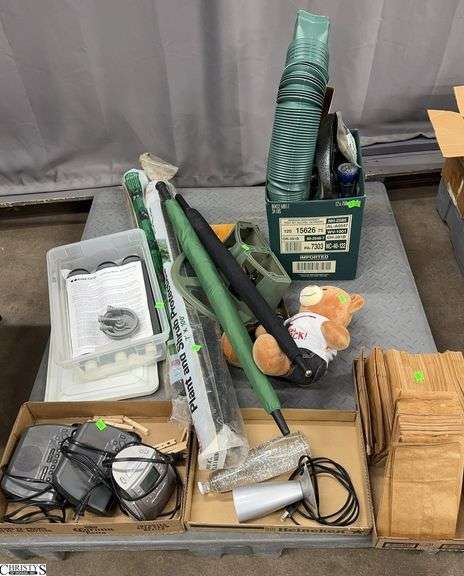 Pallet With Down Spouts, Paper Bags, Drinking Water Sanitation Kit, Umbrellas, Weed Barrier, Sprinklers, Alarm Clocks, Sprayer image