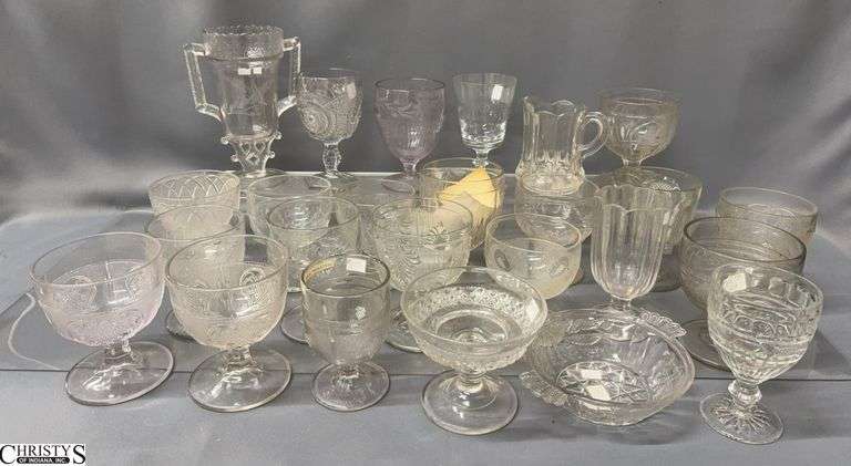 Assorted EAPG Goblets, Etched Celery Vase, Misc Glass Pieces - 8.5" of tallest image