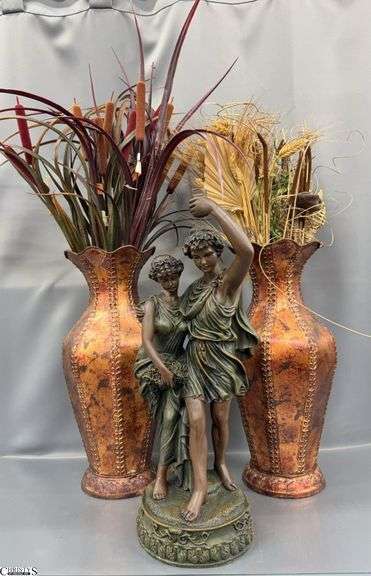 2 Decorative Metal Vases and Artificial Filler w/ Resin Victorian Style Statue - 20" T of statue - appears to be missing piece at hand image