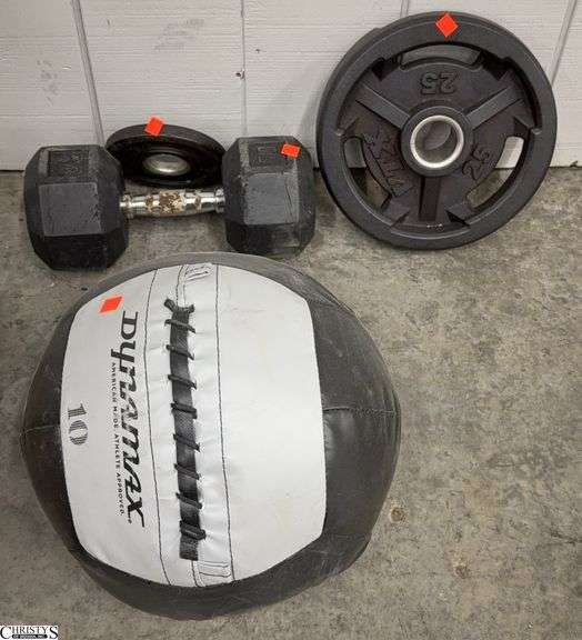 Dynamax 10lb Ball, 50lb Dumbbell Does Have Wear, Weight Plates image