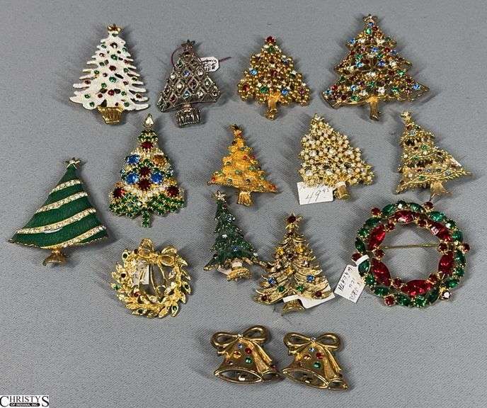 13 Eisenberg Ice Christmas Pins- Trees, and Wreathes and 1 Pair of Eisenberg Ice Bell Earrings image