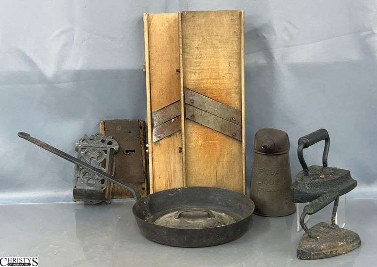 Cast Iron Sad Irons, Long Handled Skillet, Slaw Cutters, Quart Oil Can - 18" of largest piece image