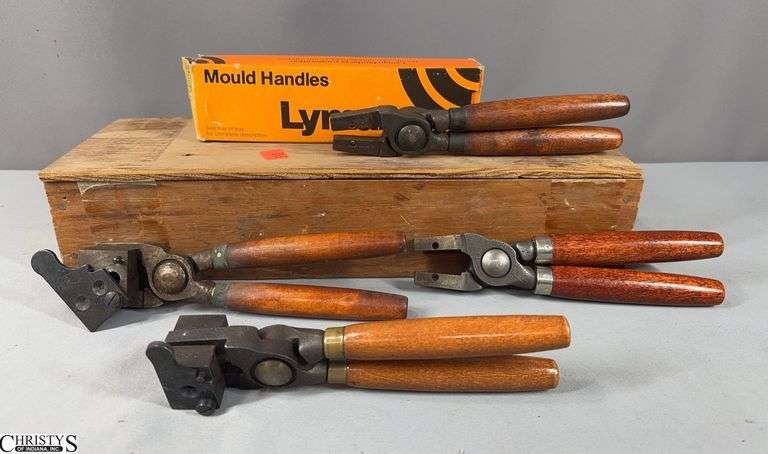 2 Vintage Bullet Mold and Reloading Tools and a2 Mold Handles in a Wooden Box image