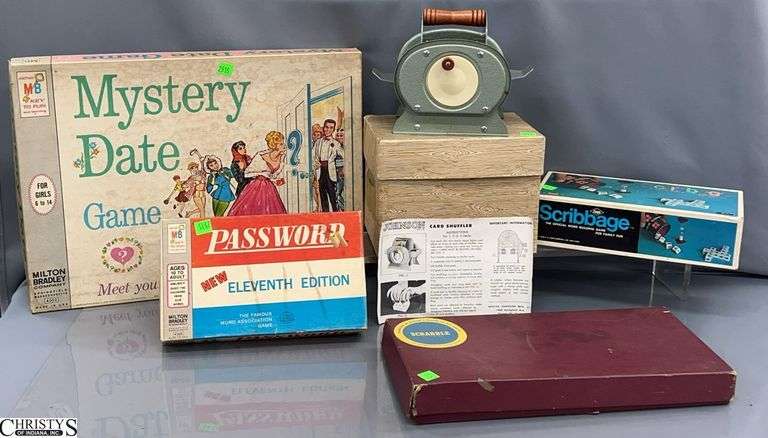 Vintage Board Games Opened, Scribbage, Mystery Date, Password, Scrabble, Johnsons Card Shuffler image