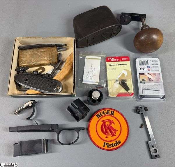 Misc. Gun Parts Including WWII Army Black Rubber Recoil Pad for M1 Garand or 1903 Springfield Rifle, Cylindar, Al Freeland Palm Rest for Target Shooting, Remington 700 SA BDL Bottom Metal, Ruger Pistols Patch and More image